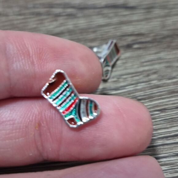 Striped Christmas Stocking Stud Earrings | Enamel Teal, Red Stripes - Picture 6 of 7